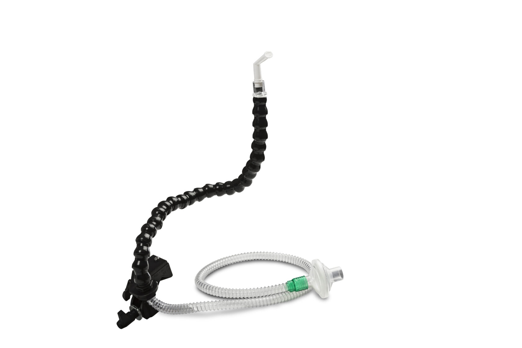 Flexibel svart medicinsk sughar med monterad klar slang och ett filter, isolerad på vit bakgrund.