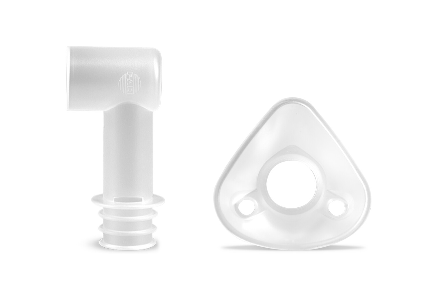 To hvite medisinske plastkomponenter, en i L-form og en trekantet med et sentralt hull, på hvit bakgrunn.