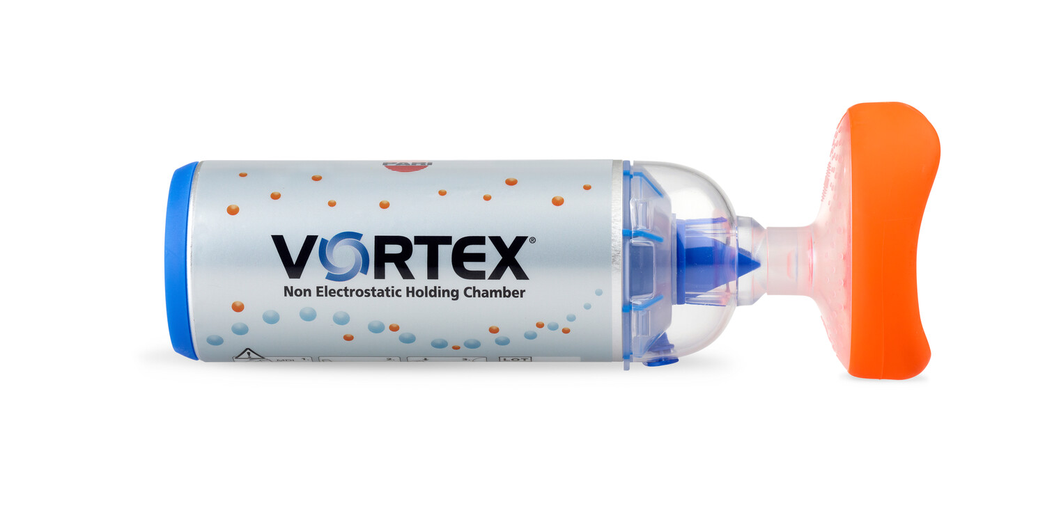 VORTEX ikke-elektrostatisk holdkammer for inhalatorer, med blå og oransje deler, på hvit bakgrunn.