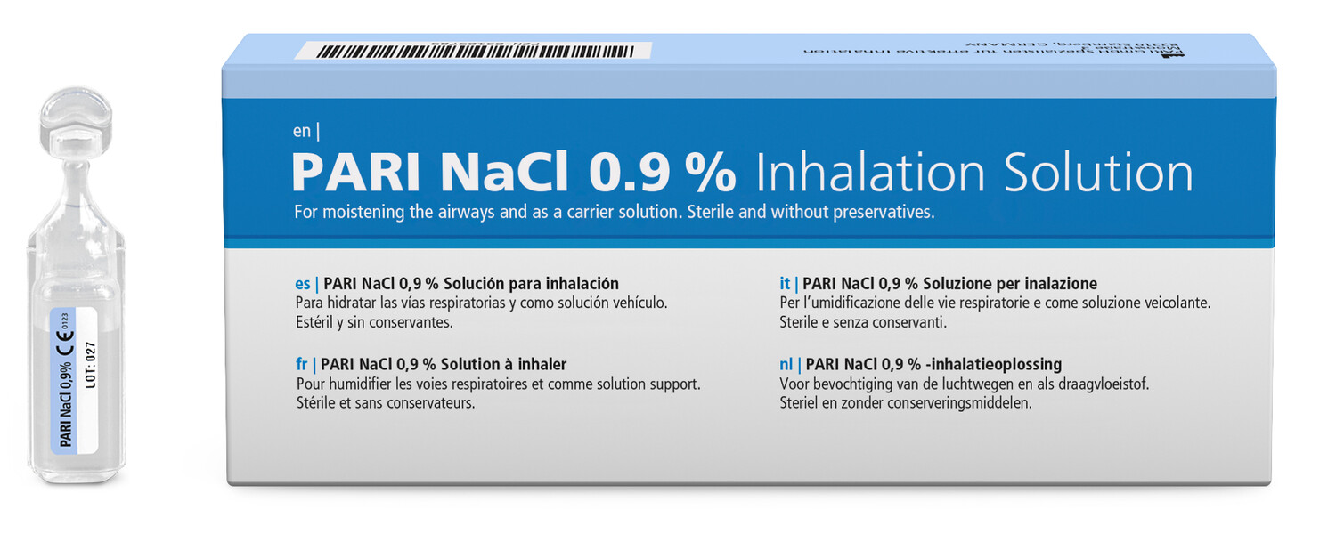 PARI NaCl 0,9 % inhalasjonsvæske eske og hetteglass for fuktighet i luftveiene, steril og konserveringsfri.