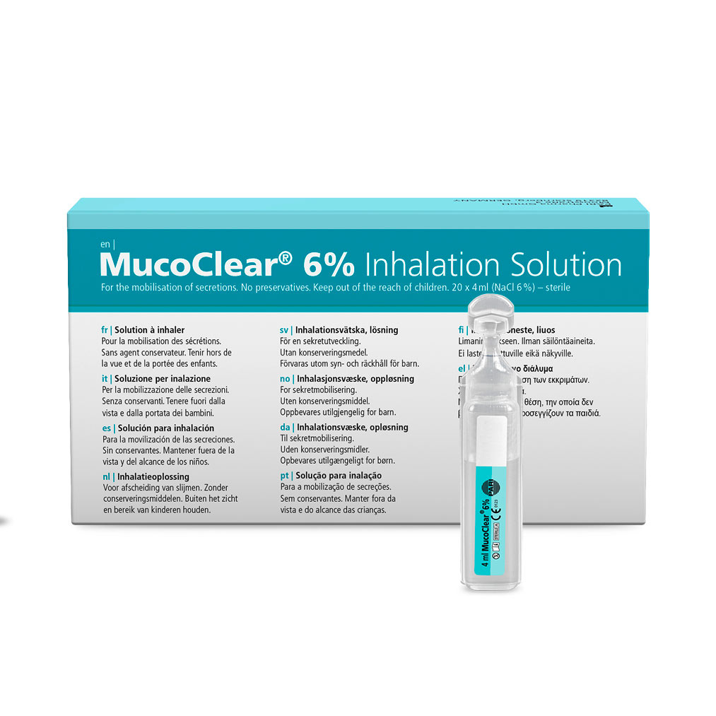 MucoClear 6 % inhalasjonsvæskeeske og en liten flaske foran for mobilisering av sekreter.
