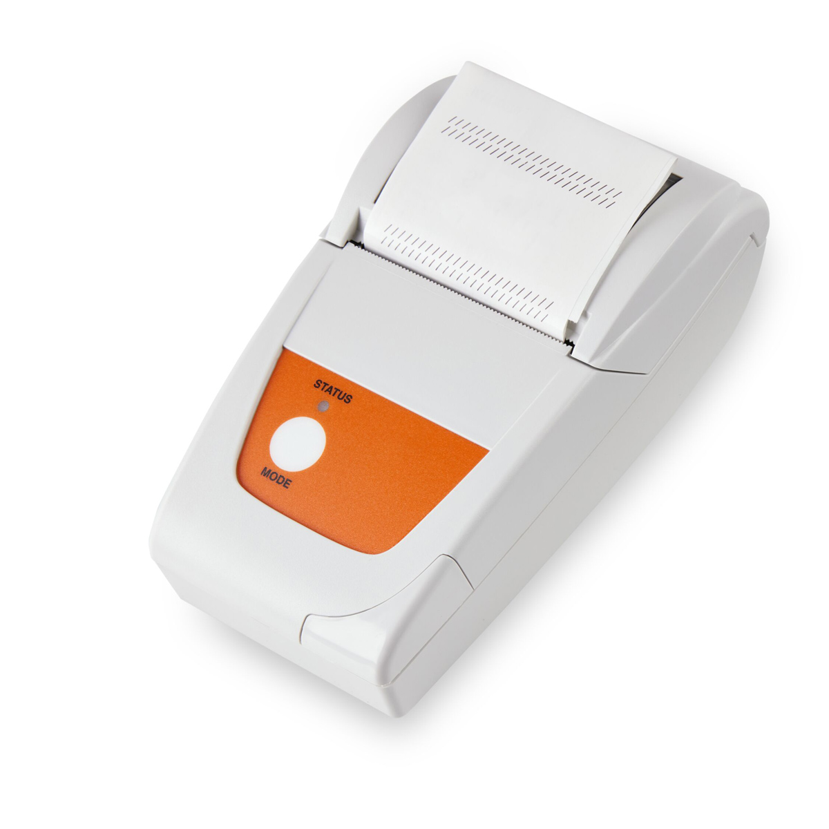 Liten, bærbar kvitteringsskriver med papir rull, oransje og hvit farge, knapp og indikatorlys.