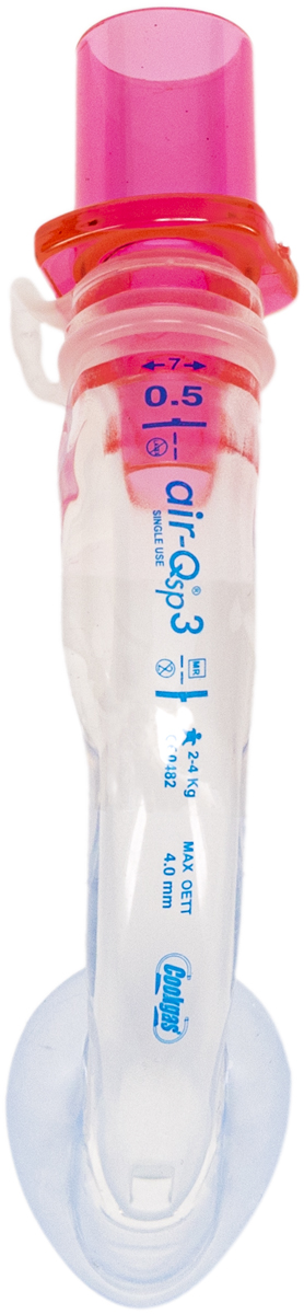 Gjennomsiktig medisinsk tuberør med rosa topp og blå tekst, brukt til luftveiassistanse.