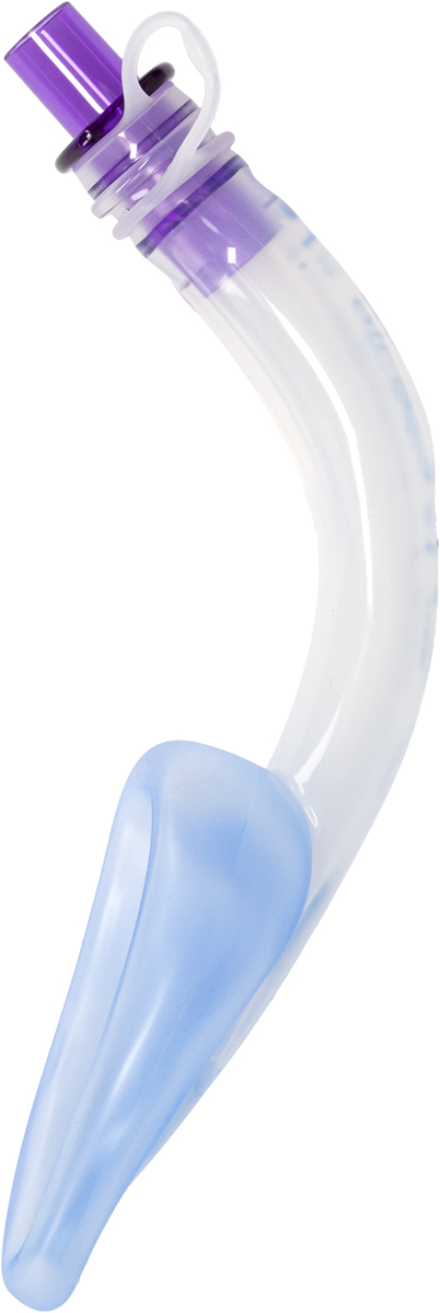 Buet klar medisinsk luftveienhet med en lilla kobling og blå myk tupp, isolert på hvit bakgrunn.