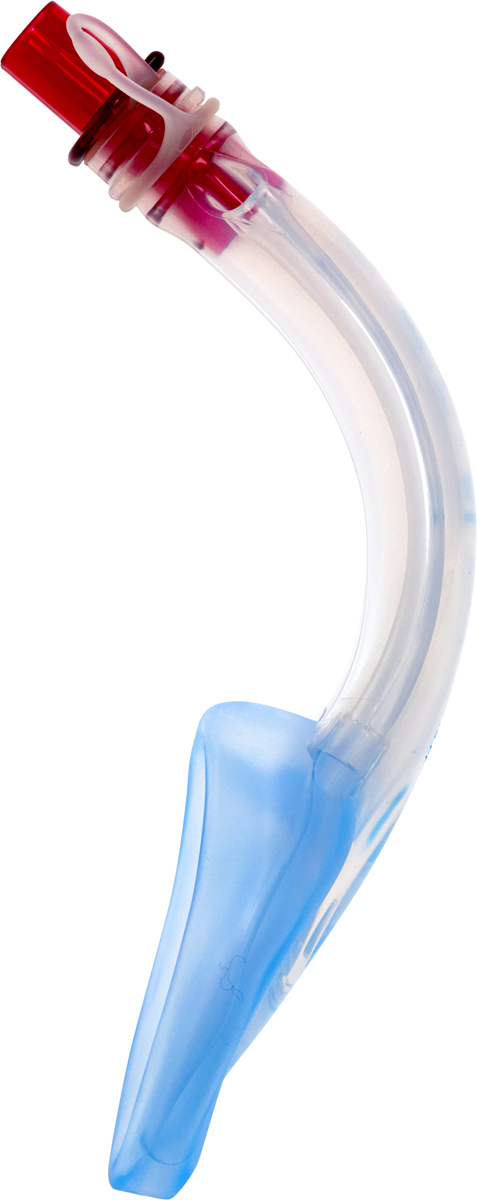 Et bøyd klart medisinsk luftveisverktøy med en rød tupp og en blå myk maske del nederst.