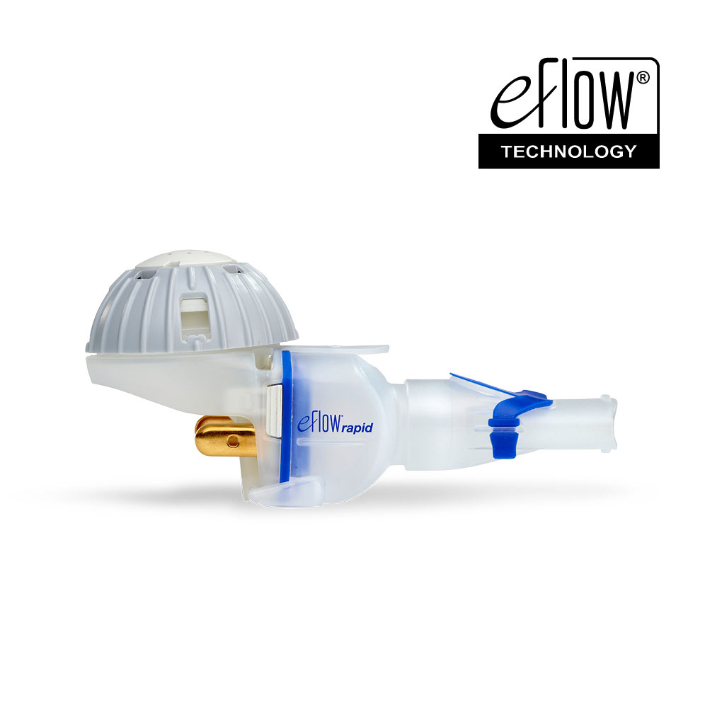 En medicinsk inhalator märkt "eFlow rapid" med texten "eFlow TECHNOLOGY" i övre högra hörnet.