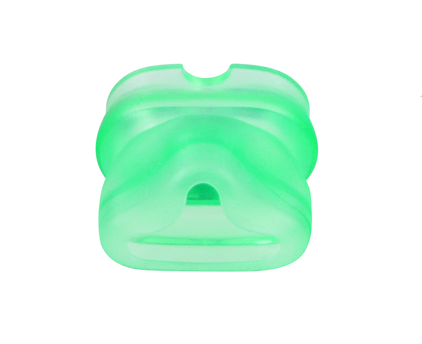 Grönt genomskinligt silikonobjekt med vågiga konturer, sedd framifrån, på vit bakgrund.