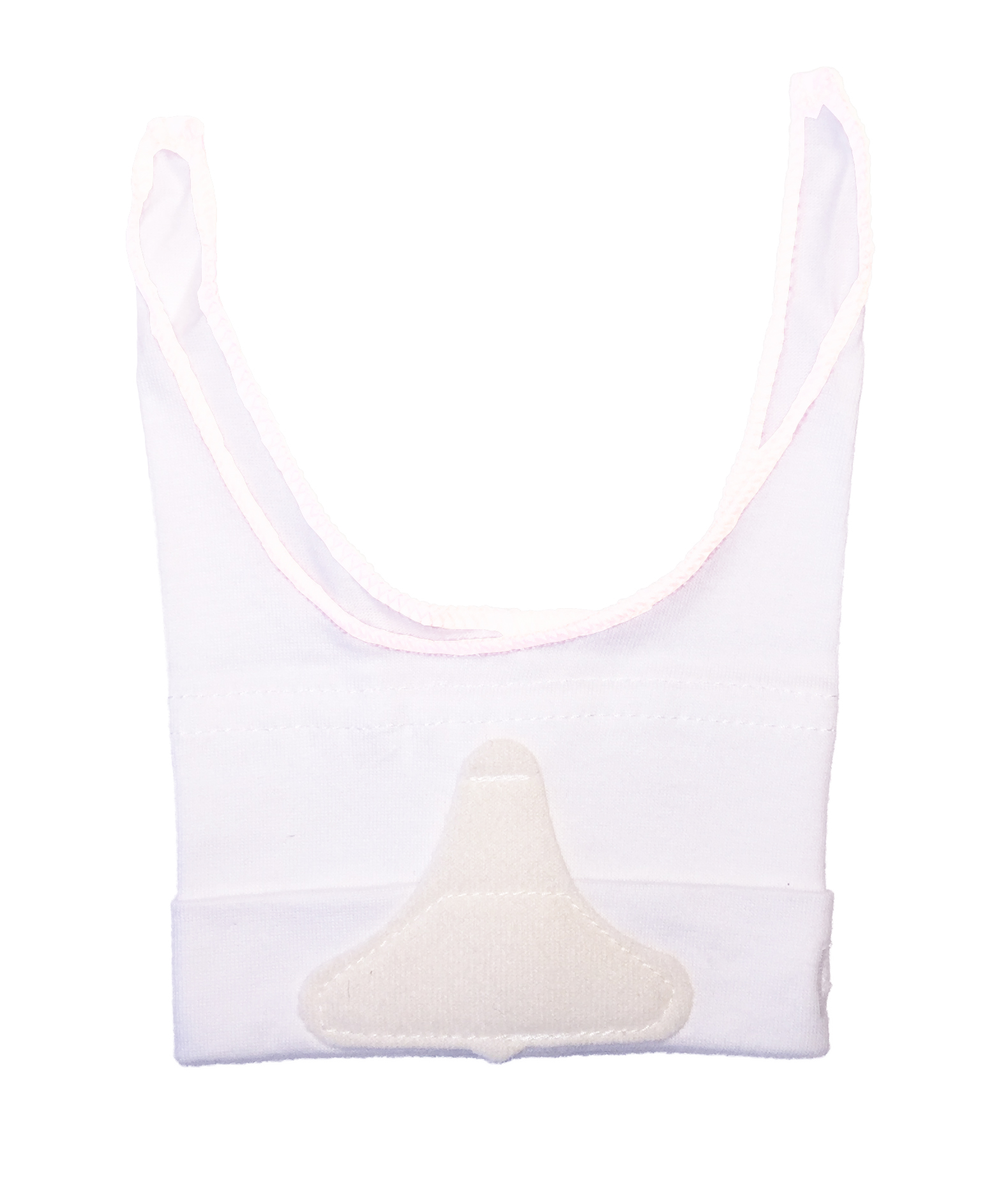 Vitt tyg med öronband och en beige näspatch, som liknar en mjuk ansikts- eller näsmask, på vit bakgrund.