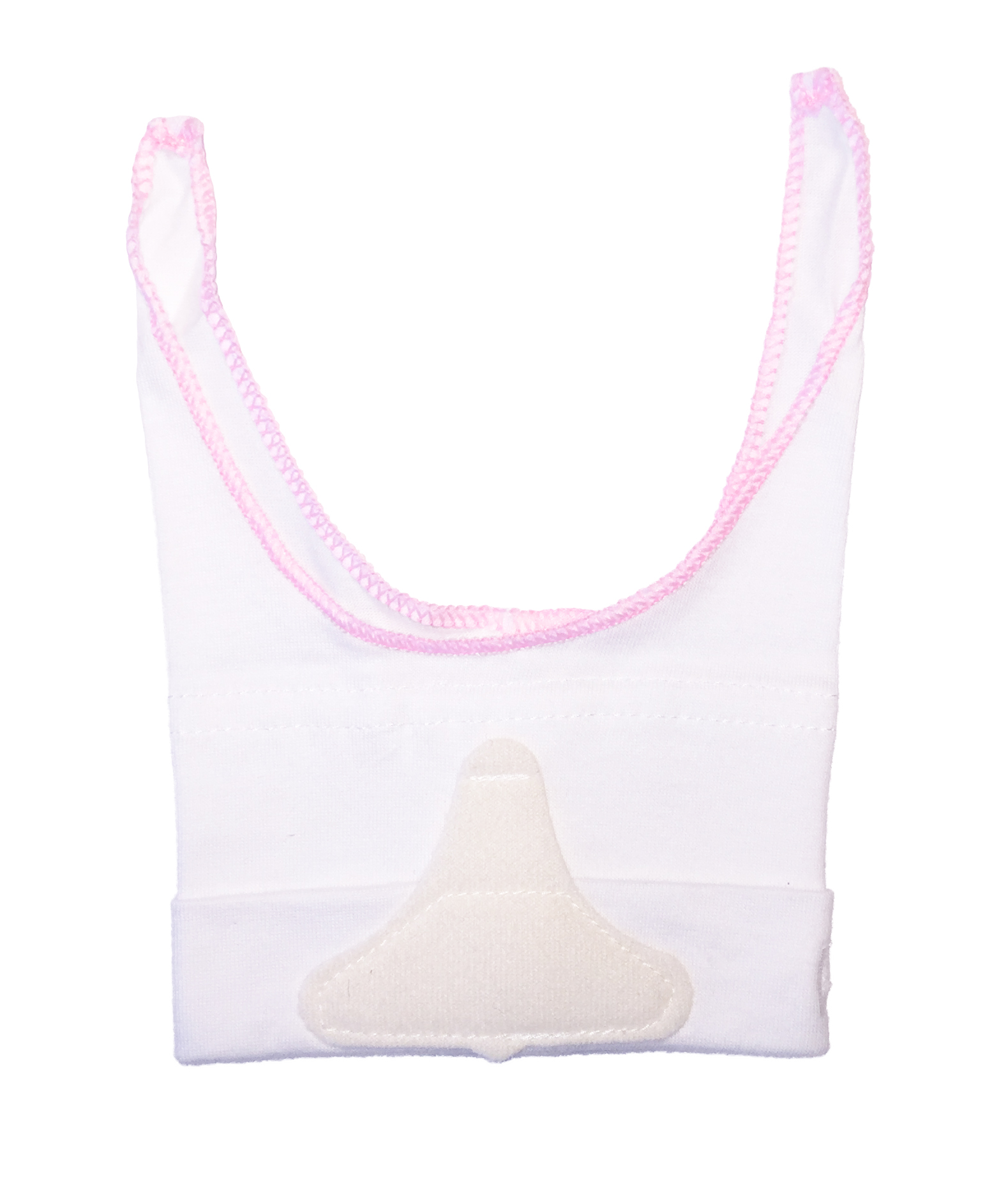 Vitt tyg med rosa kant och en beige lapp i mitten, möjligen ett plagg för baby eller husdjur.