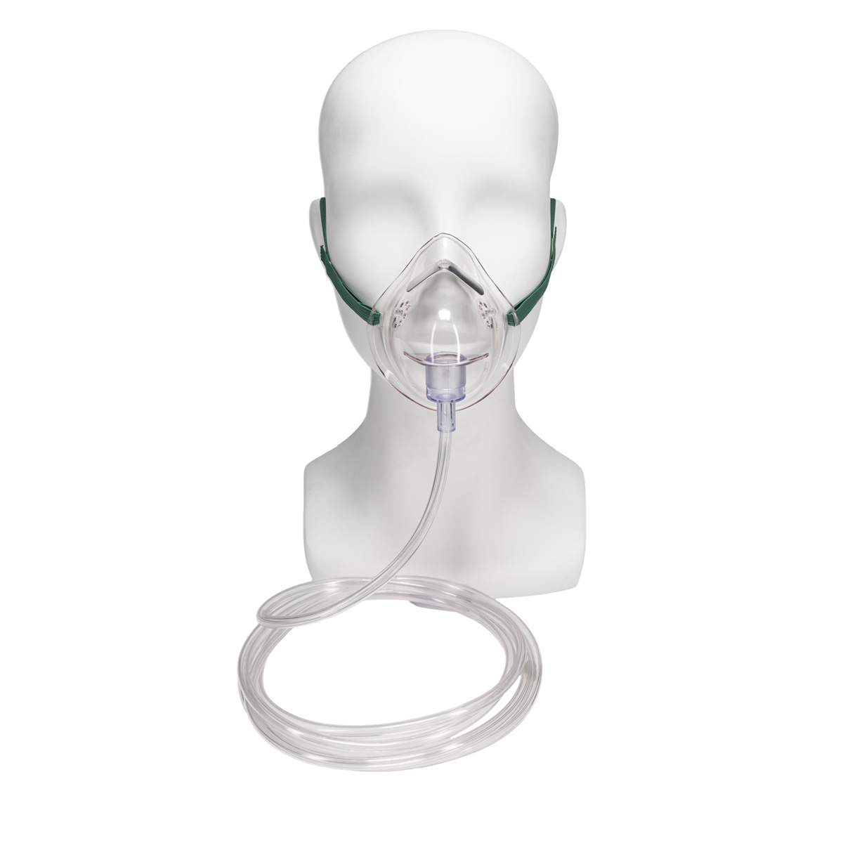 Hvit mannequin med oksygenmaske og slange foran på hodet, mot hvit bakgrunn.