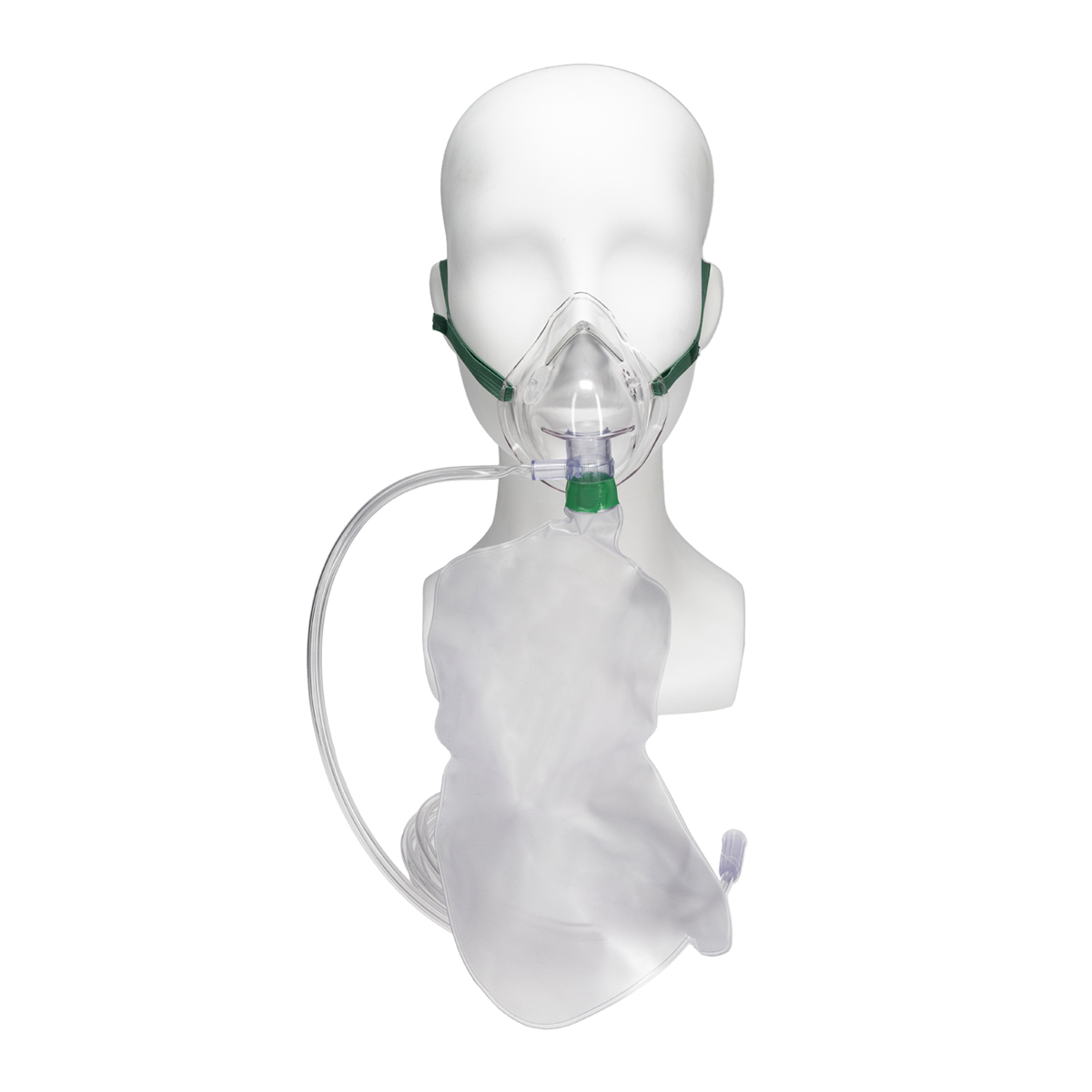 Oksygenmaske med reservoarpose på en hvit mannequin-hode, brukt til medisinsk oksygentilførsel.