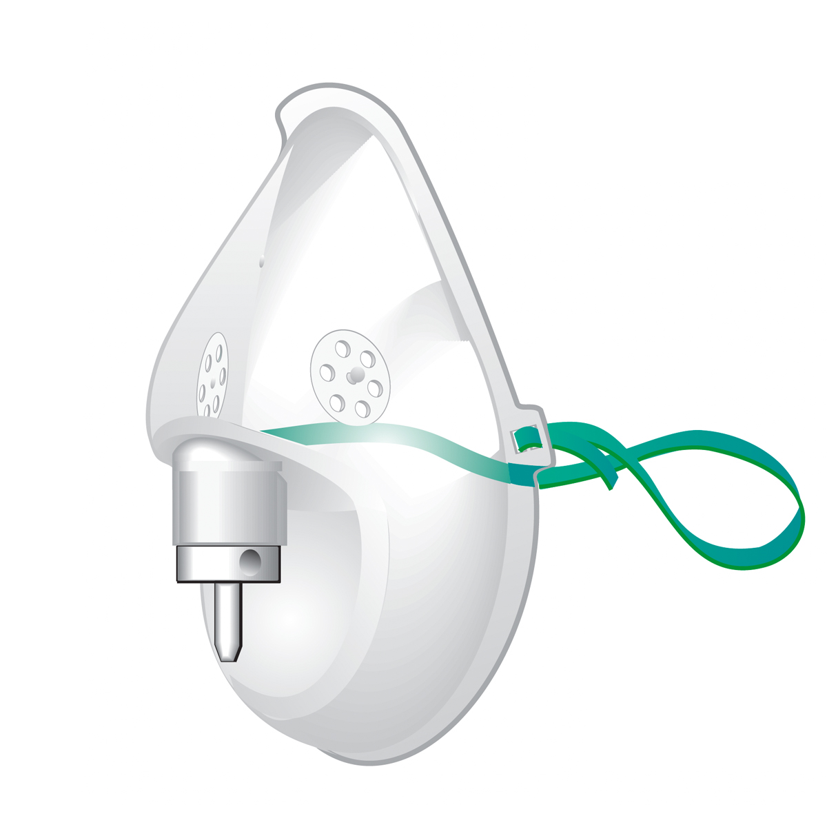 Illustrasjon av en oksygenmaske med grønt bånd og ventil, brukt til medisinsk respirasjon.