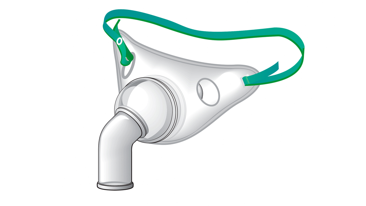 Illustrasjon av en oksygenmaske med grønn stropp og gjennomsiktig maske for nese og munn.