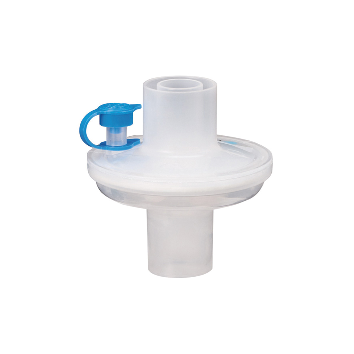 Et hvitt medisinsk filter med rund form, blå ventil på siden, brukt til pustemaskin eller ventilator.