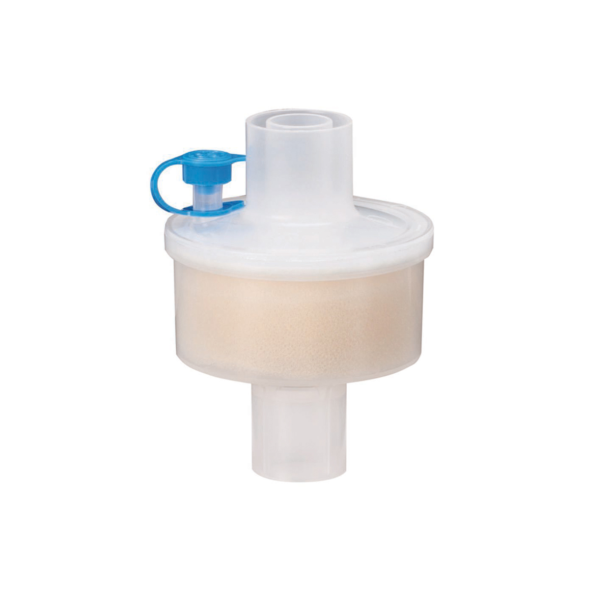 Rundt medisinsk filter med blå hette og to åpninger, brukt til pustemaskiner eller respiratorutstyr.