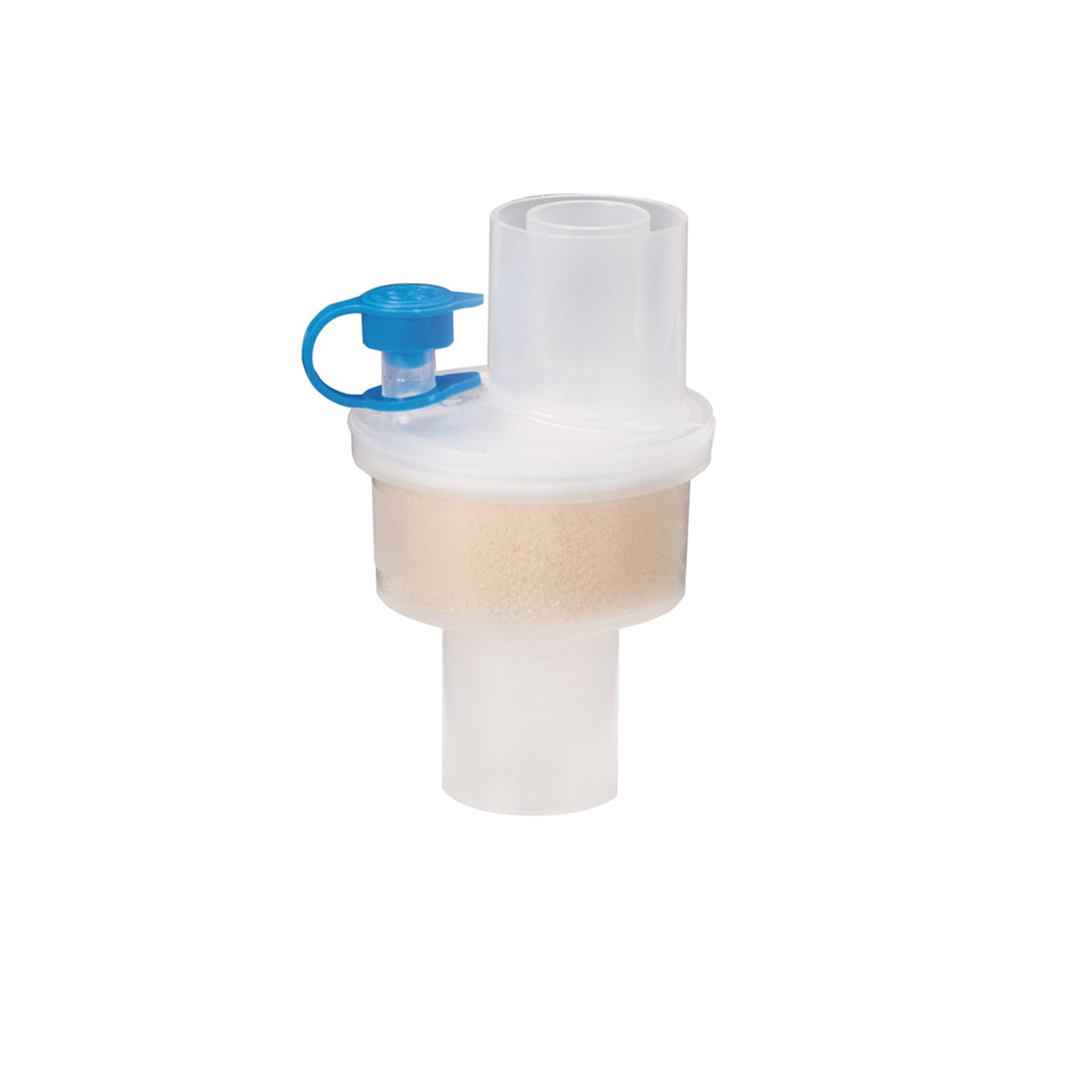 Plastisk medisinsk filter med blå hette, brukes ofte til å filtrere luft i pustemaskiner.