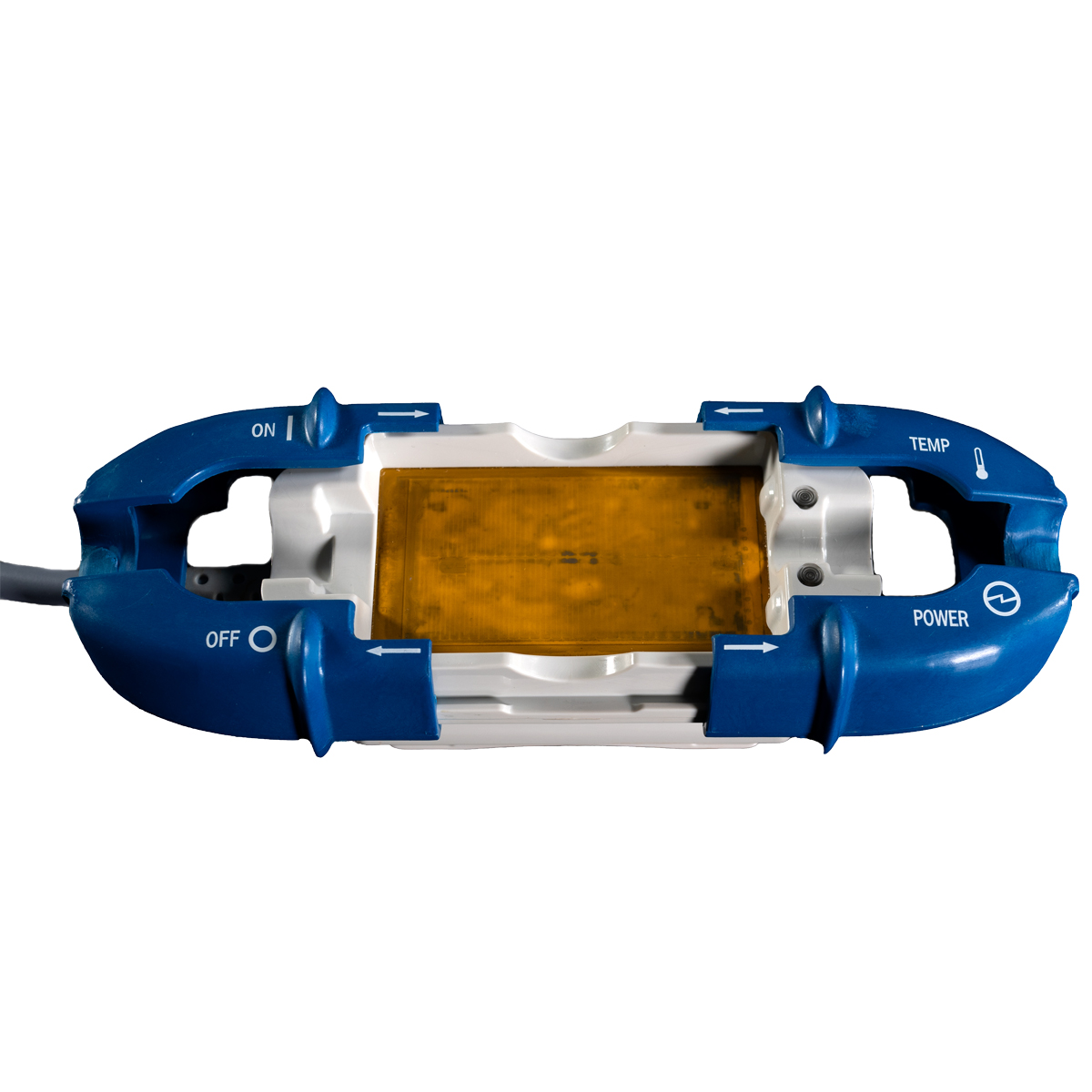 Blå og hvit medisinsk enhet med et gult panel, merket ON, OFF, TEMP og POWER, isolert på hvit bakgrunn.