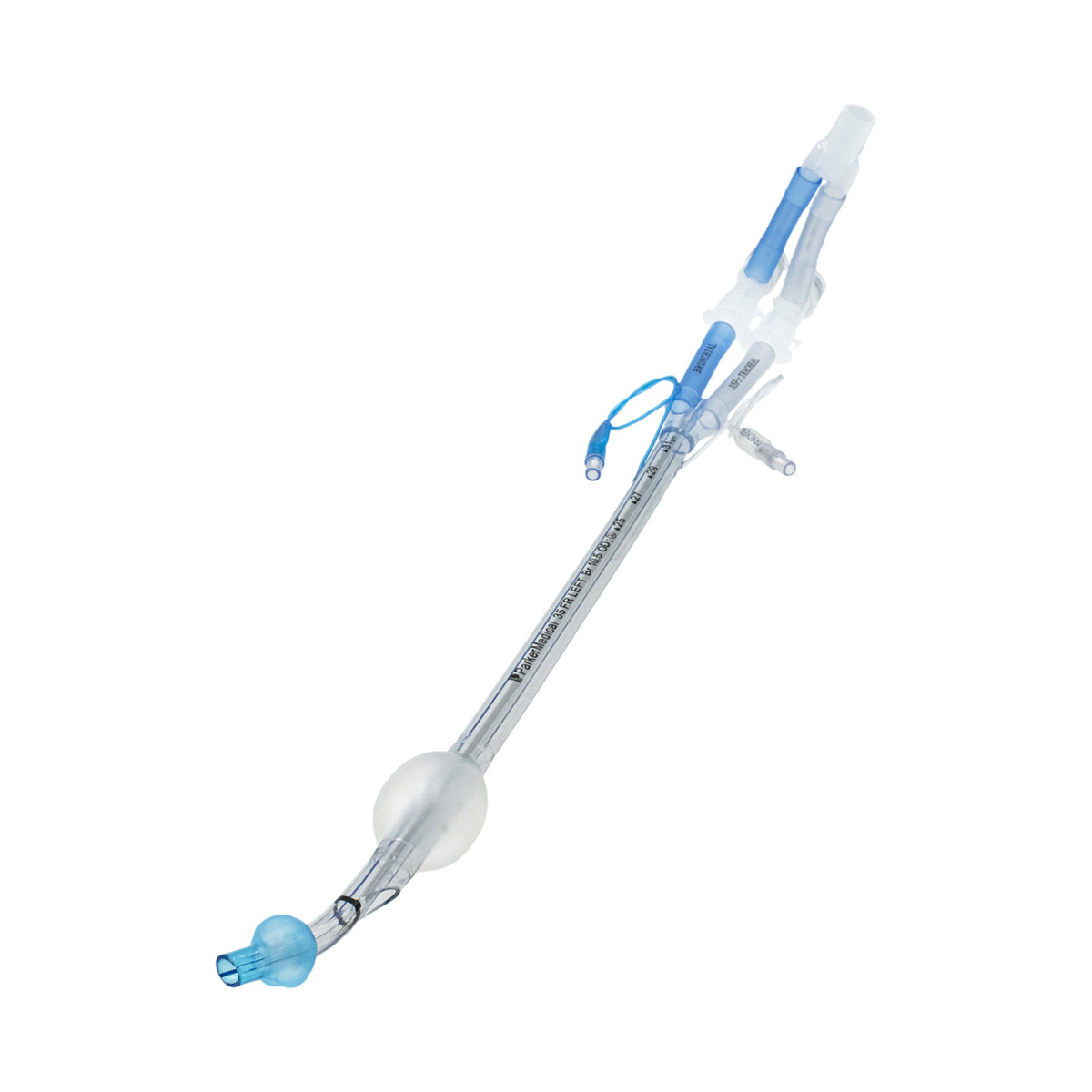 Klar medisinsk endotrakeal tube med blå koblinger og ballongmansjett, brukt for luftveisbehandling.
