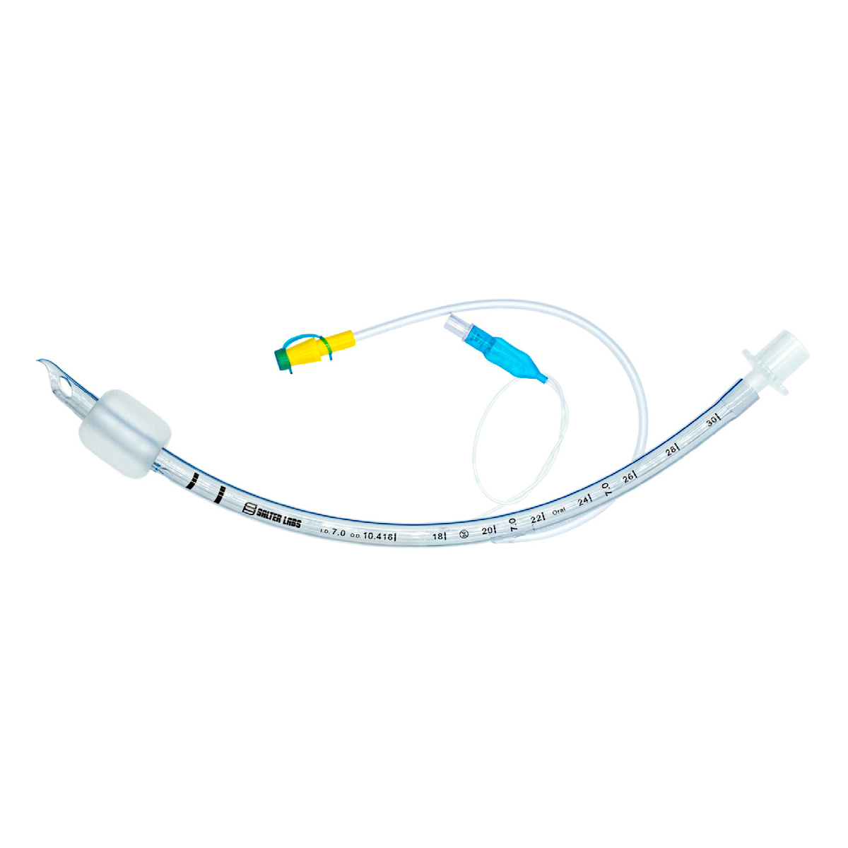 En endotrakeal tube i plast med mansjett, brukt til luftveishåndtering ved anestesi eller intensivbehandling.