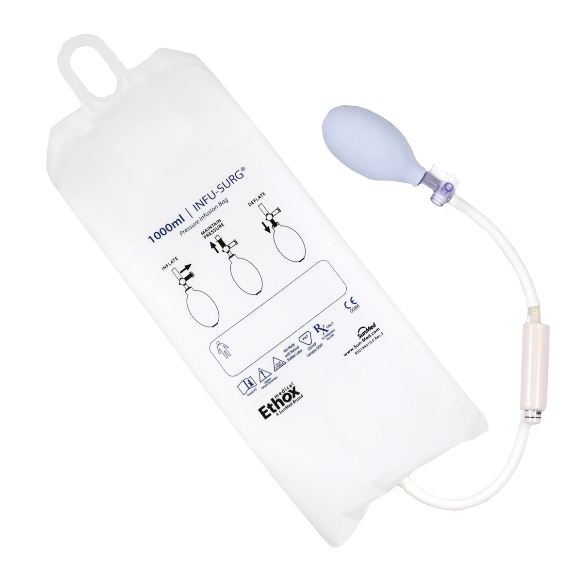 Hvit infusjonspose på 1000 ml med pumpe og instruksjoner trykt på posen.