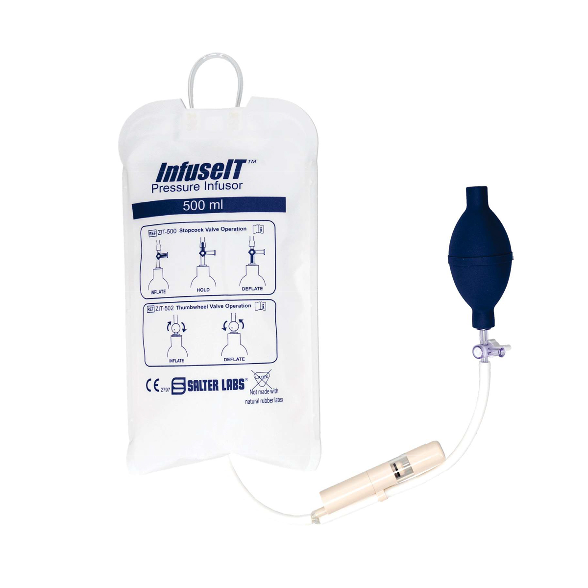 Medisinsk trykkinfusjonspose på 500 ml med blå manuell pumpe og tilkoblingsslange.