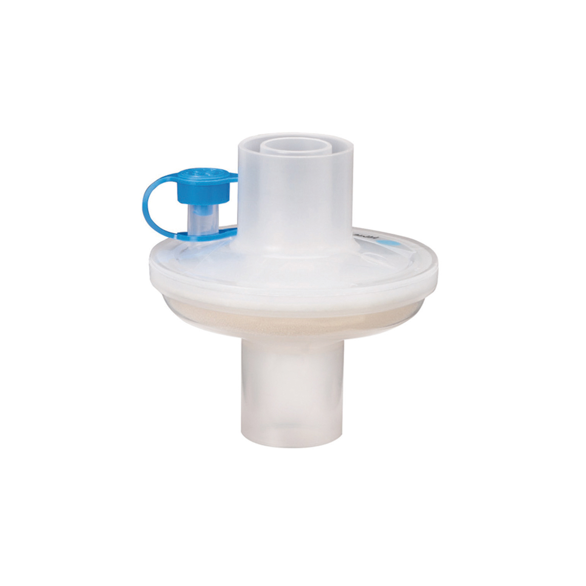 Rundt medisinsk filter i plast med blå hette, brukt til pustemaskiner eller ventilasjonsutstyr.