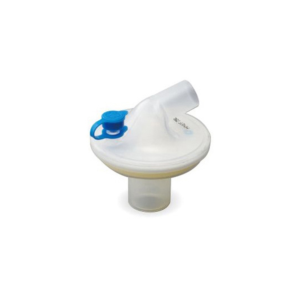 Medisinsk pustefilter med blå ventil, brukt til ventilasjonsmaskiner eller pustemasker.