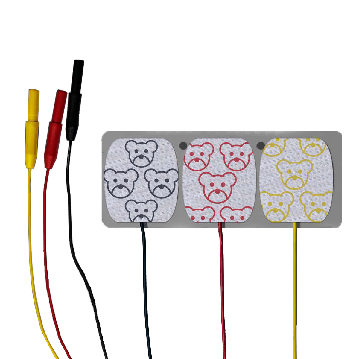 Tre EKG-elektroder med ulike farger og bamsemotiver, tilkoblet ledninger med klips i rødt, svart og gult.