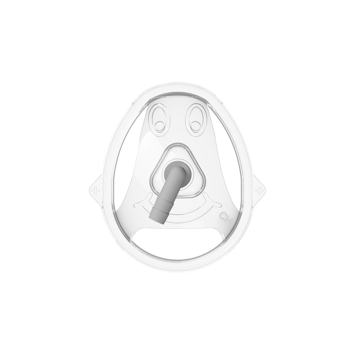 Gjennomsiktig barnemaske til inhalator med smilefjes og nesemunnstykke, hvit bakgrunn.
