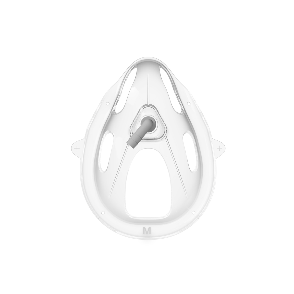 Hvit pustemaske i plast, størrelse M, sett forfra med ventil i midten.