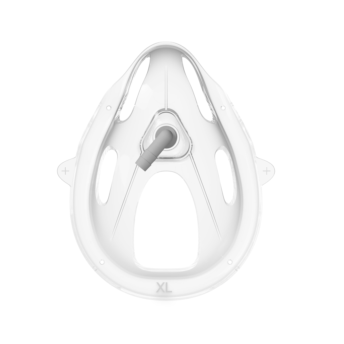 Gjennomsiktig pustemaske i størrelse XL, med ventil i midten og ovale åpninger på sidene.