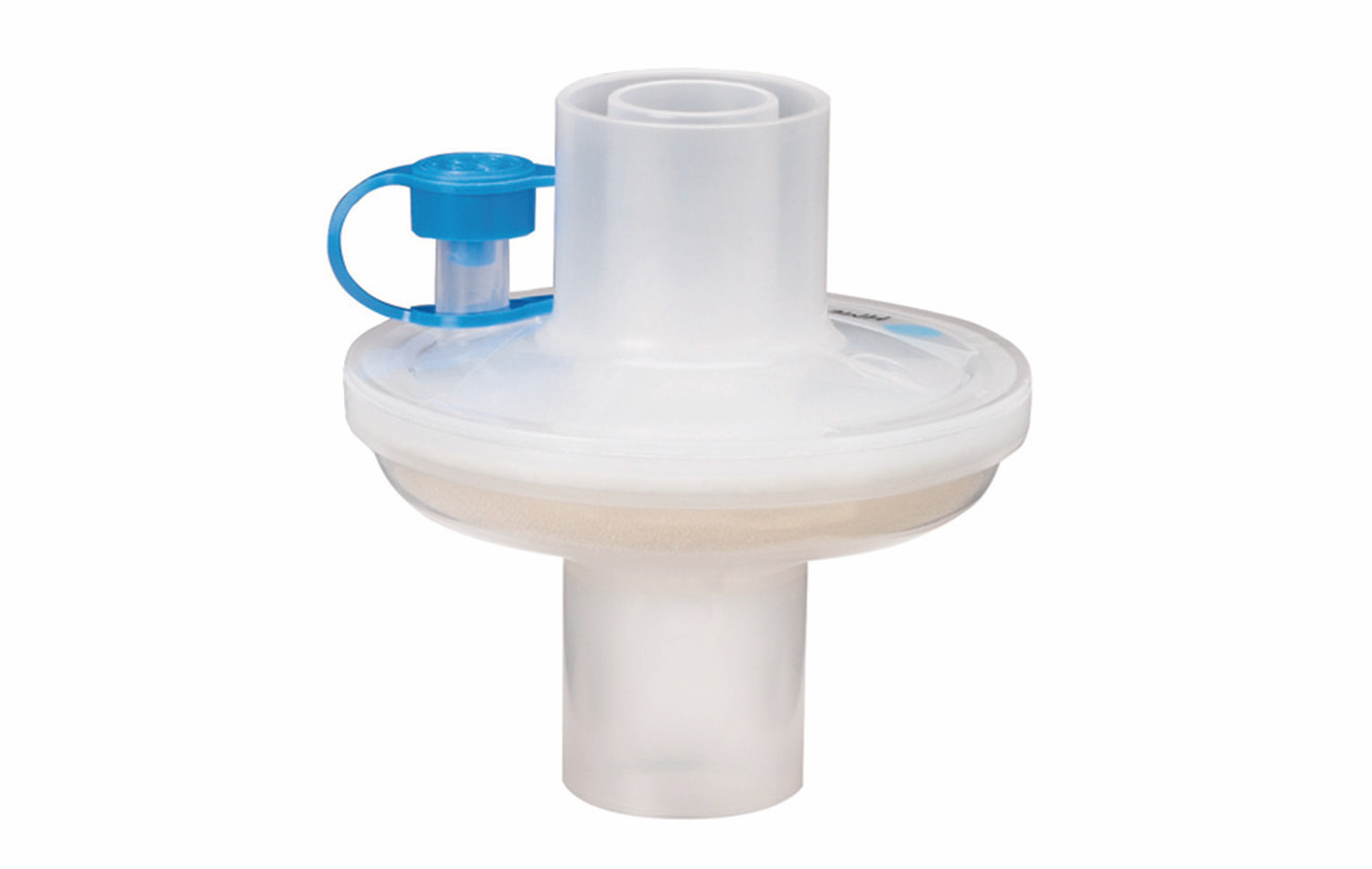 Plastmedicinsk andningsfilter med rund kropp och blå lockfäste, används inom andningsvård.