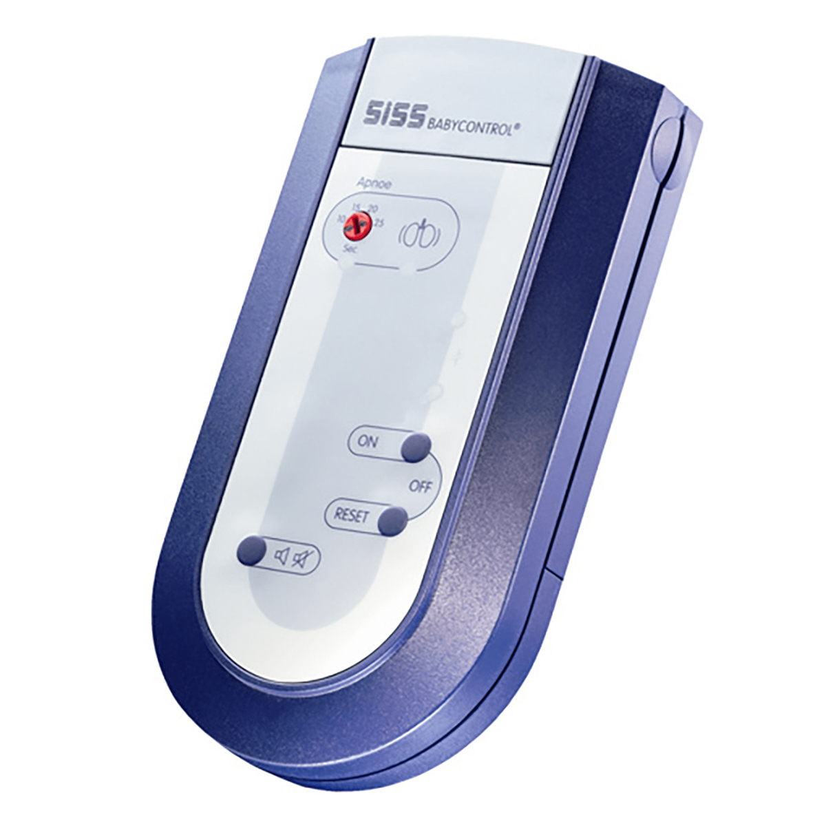 Blå og hvit elektronisk enhet med knapper, merket "SISS BABYCONTROL".