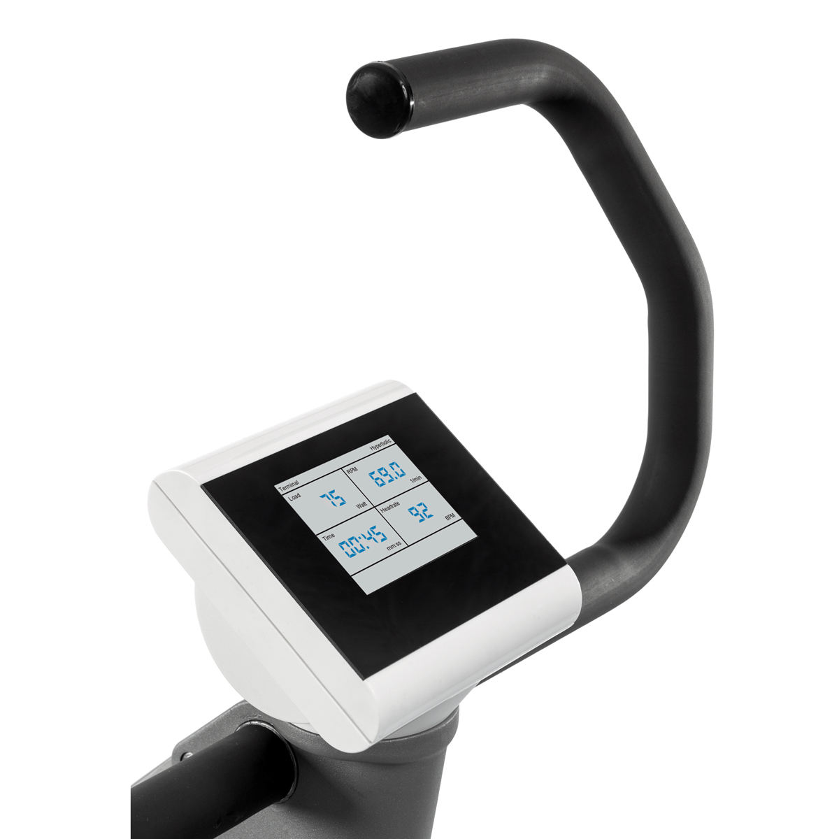 Närbild av ett träningscykelhandtag med en digital display som visar träningsdata.