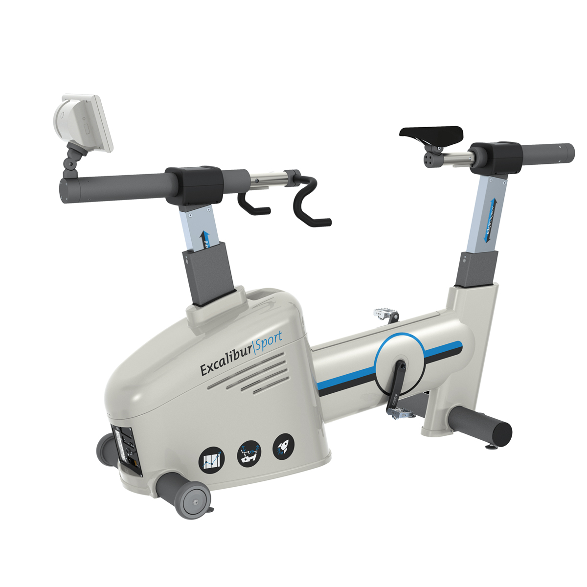 Stationär motionscykel märkt "Excalibur Sport" med justerbar sadel, styre och digital display.