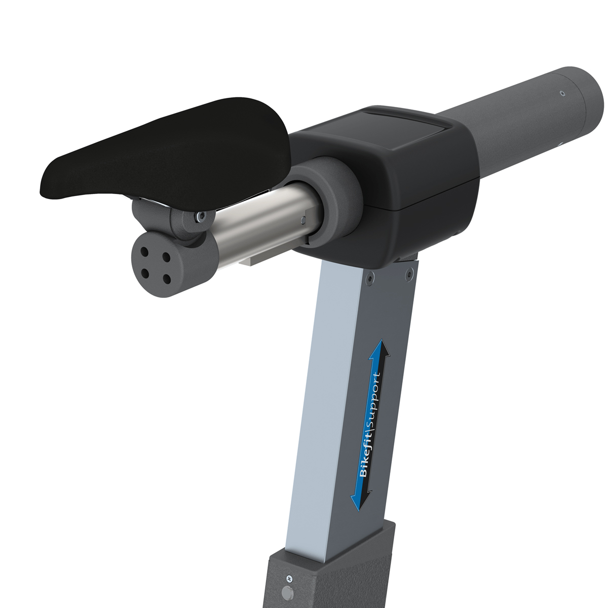 Justersad svart cykelsadel monterad på en metallisk stödram märkt "Bikefit Support" med ett handtag.