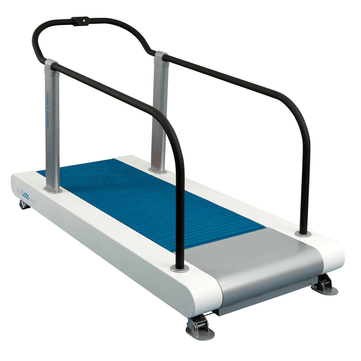 Gåmaskin med blått bånd og høye sorte håndtak på begge sider, designet for rehabilitering.
