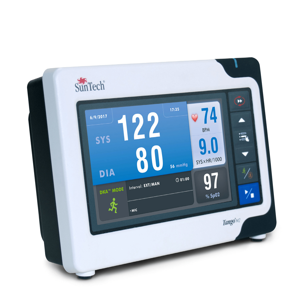 Medisinsk overvåkningsskjerm viser blodtrykk 122/80, puls 74, og oksygenmetning 97 prosent.