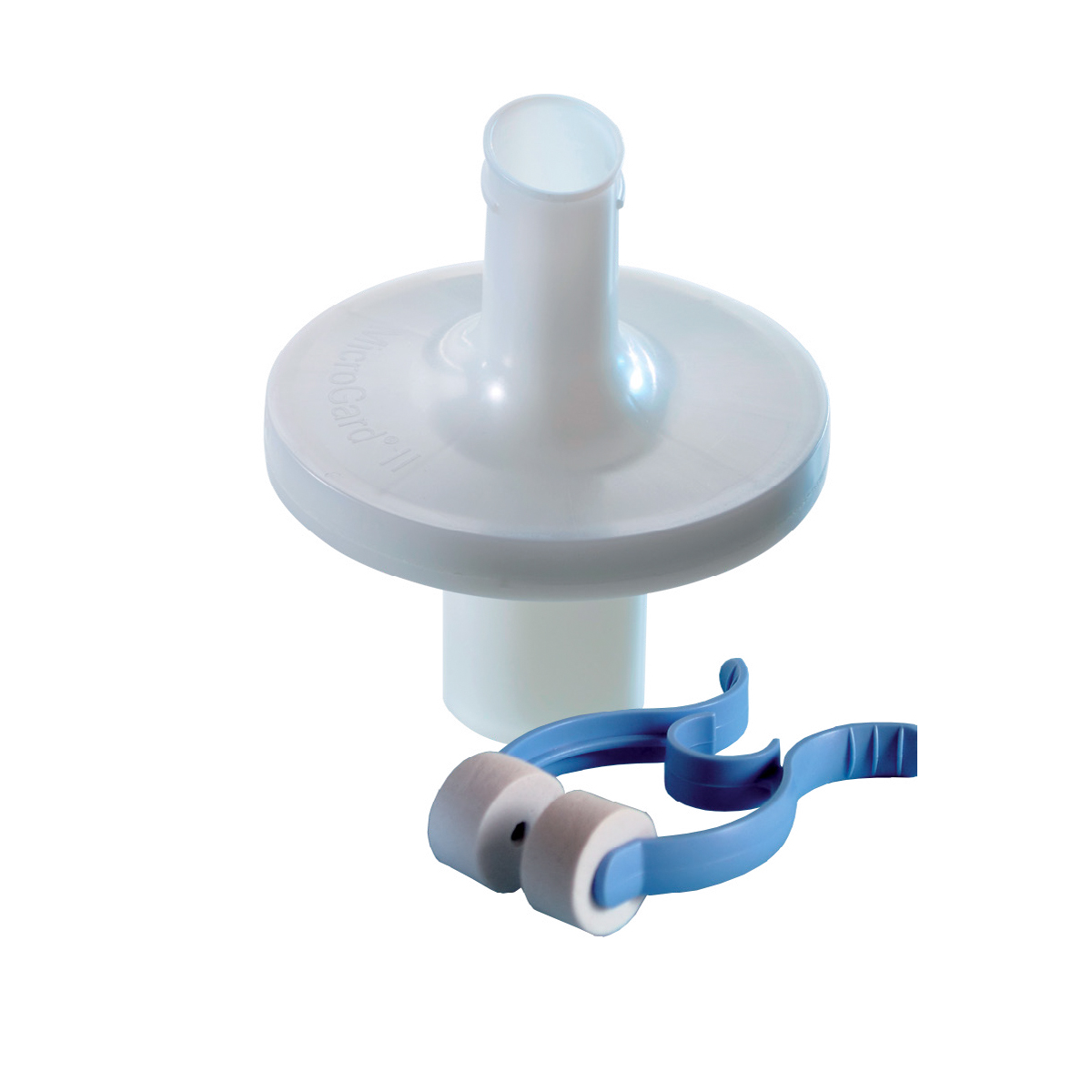 Plastmunnstykke med filter og en blå neseklype, brukt til lungefunksjonstester.