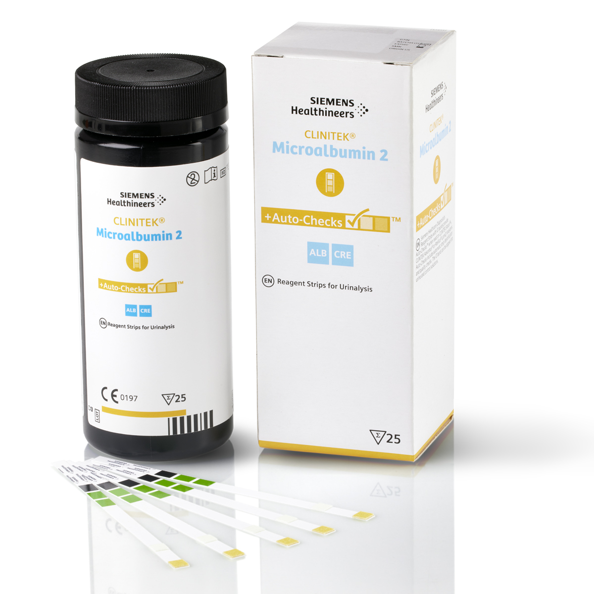 Avbildning av Siemens Healthineers CLINITEK Microalbumin 2 teststrimler og emballasje for urinanalyse.