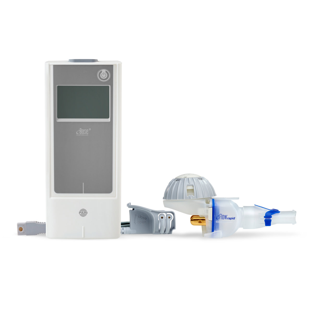 Medisinsk nebulisator med digital skjerm og avtakbare komponenter på hvit bakgrunn.