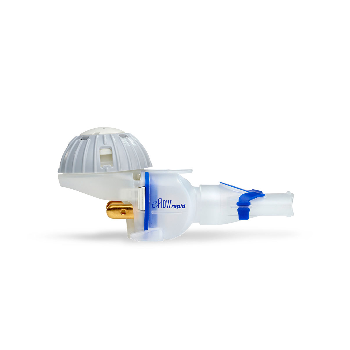 Et nærbilde av en eFlow Rapid nebulisator komponent med blå aksenter på hvit bakgrunn.