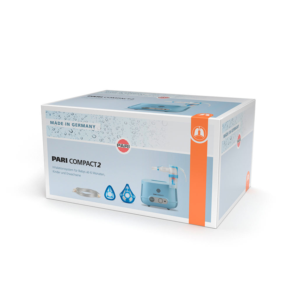 Eske med PARI Compact 2 inhalasjonssystem, blå enhet med tilbehør, merket "Made in Germany."