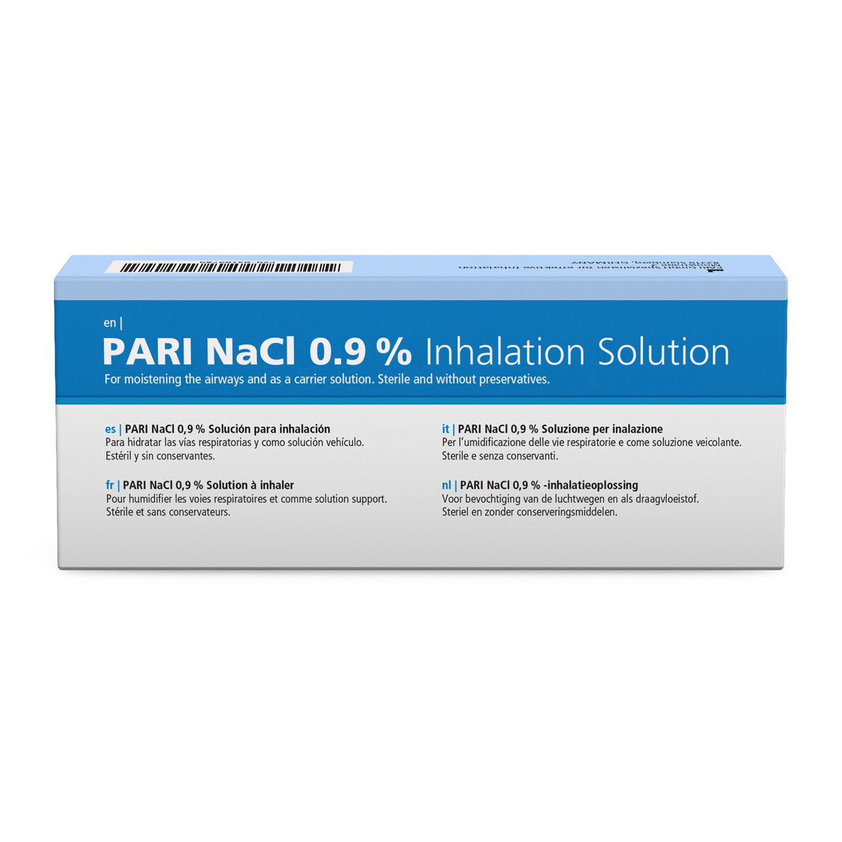 Boks med PARI NaCl 0,9 % inhalasjonsvæske for fukting av luftveiene, steril og konserveringsmiddelfri.