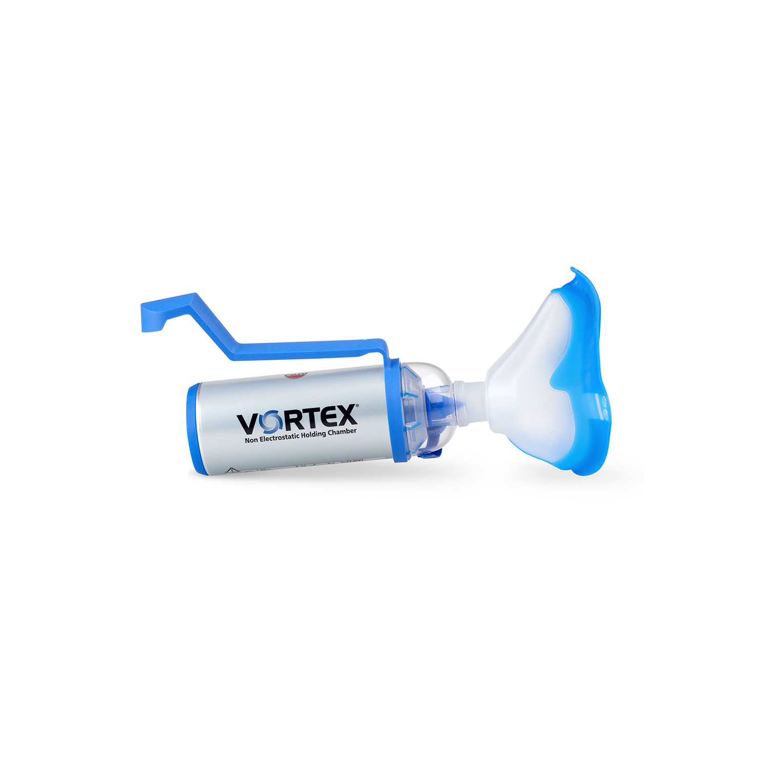 En Vortex ikke-elektrostatisk holdkammer med blå maske og håndtak, brukt til inhalasjonsmedisin.
