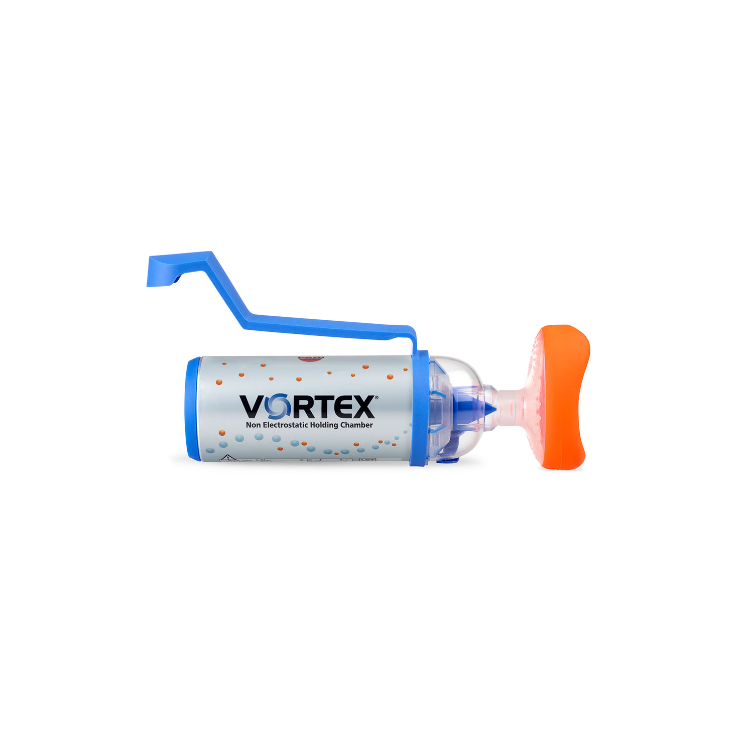 Blå og sølv Vortex ikke-elektrostatisk hold kammer med oransje maske, brukt til inhalasjonsterapi.