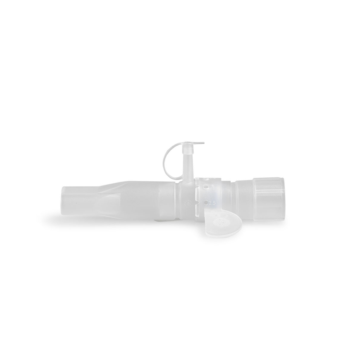 En gjennomsiktig medisinsk pusteventil, sannsynligvis for respirator- eller ventilatorbruk, vist på hvit bakgrunn.