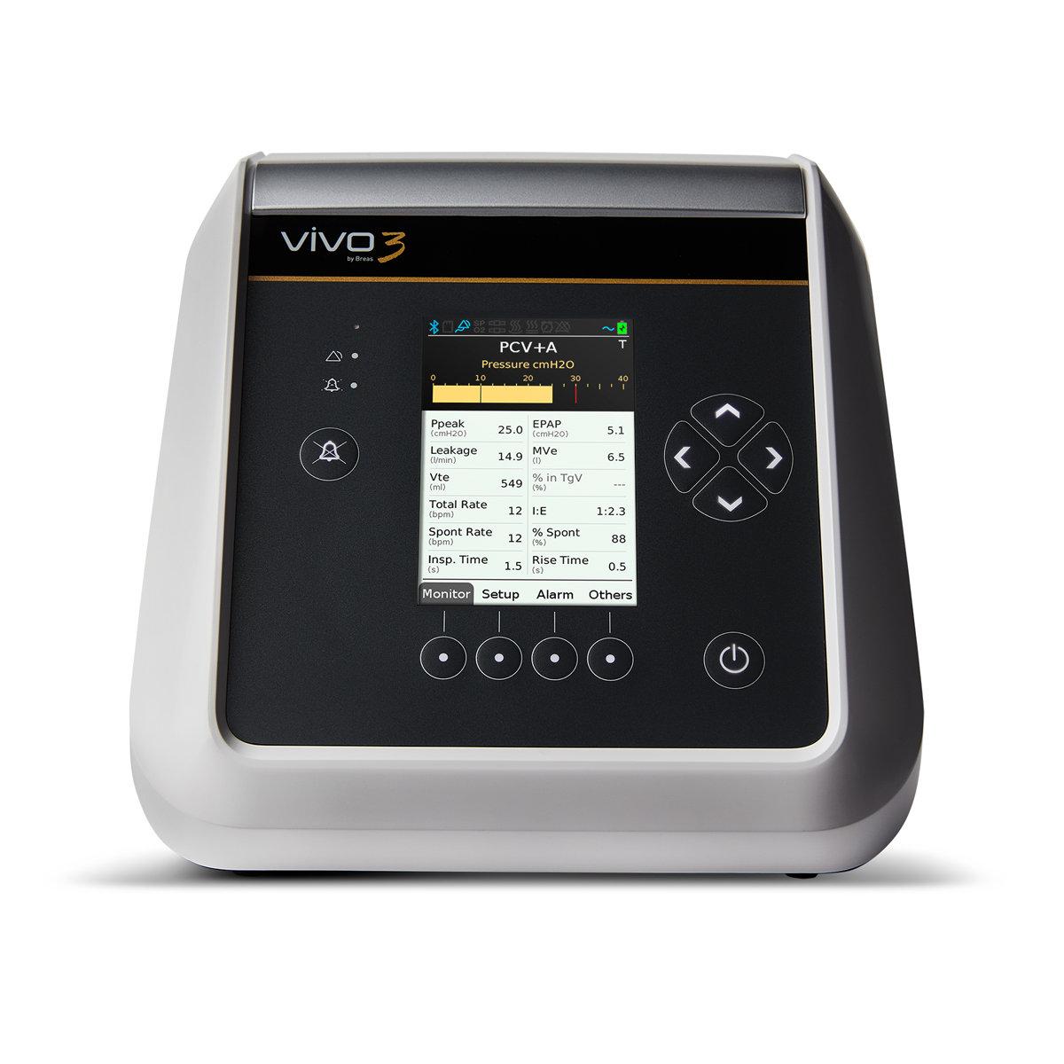 Vivo 3 medicinsk ventilator med display som visar andningsinställningar och kontrollknappar.
