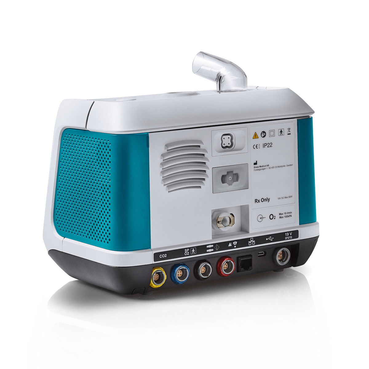 Bärbar medicinsk enhet med blå sidor, olika portar och ett ventilationsgaller på baksidan, använd för andningsstöd.