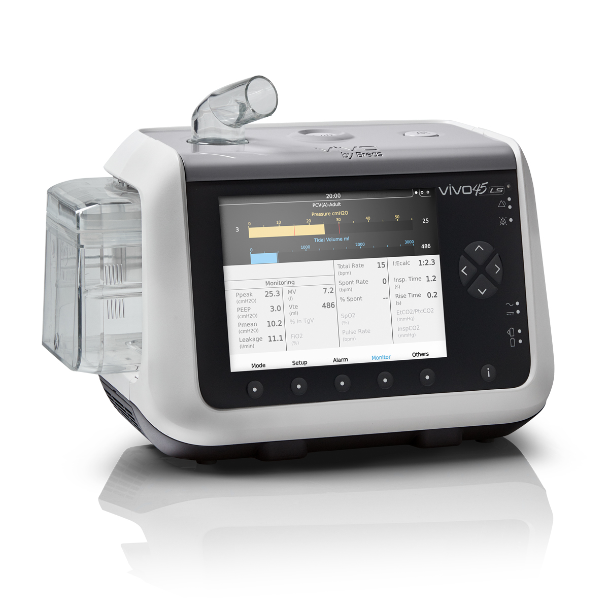 Modern medicinsk ventilatormaskin med bildskärm som visar patientövervakningsdata och reglageknappar.